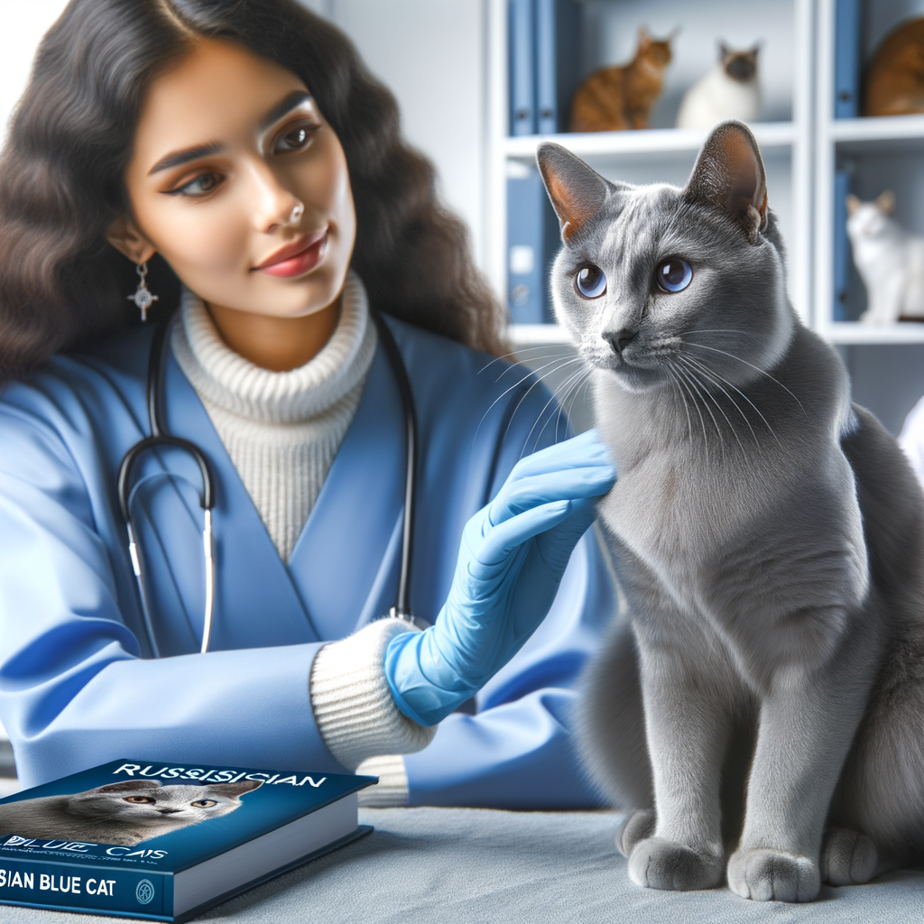 Veterinarian assessing Russian Blue cat suitability for first-time feline owners, with a guidebook on Russian Blue cat care and traits in the background