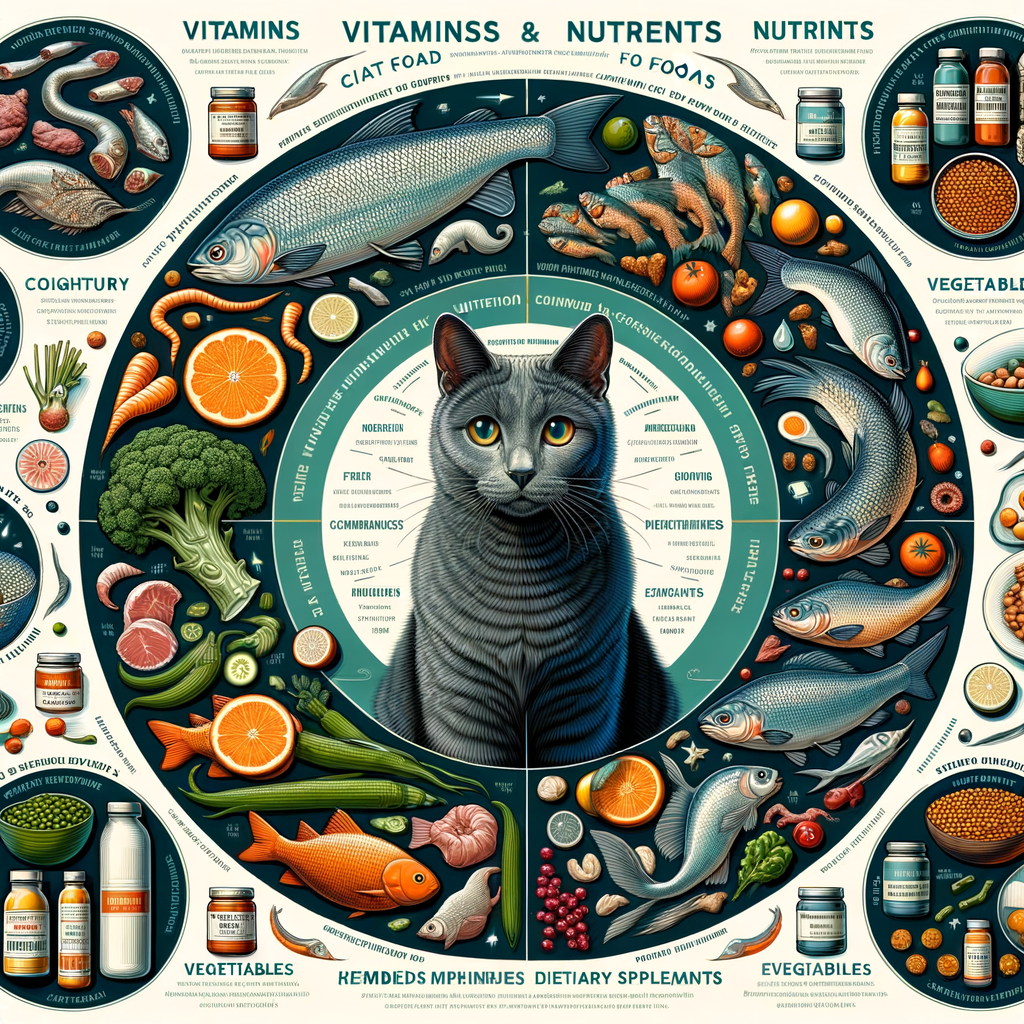Infographic illustrating Russian Blue Cat nutrition essentials, highlighting the best vitamins for cats and essential nutrients for a healthy Russian Blue Cat diet to maintain optimal health.