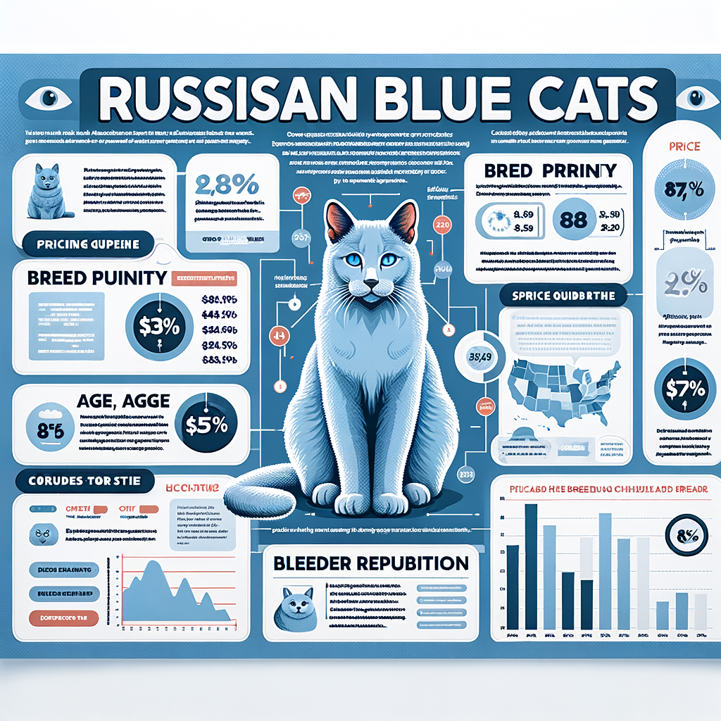 Infographic illustrating the average cost of Russian Blue Cats, factors affecting their price, and tips for buying affordable Russian Blue Cats.