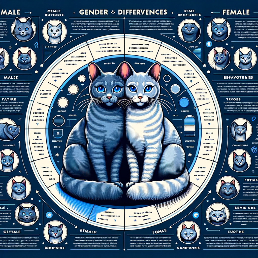 Infographic highlighting gender differences in Russian Blue Cats, showcasing male vs female traits and behaviors for understanding and decoding cat gender.