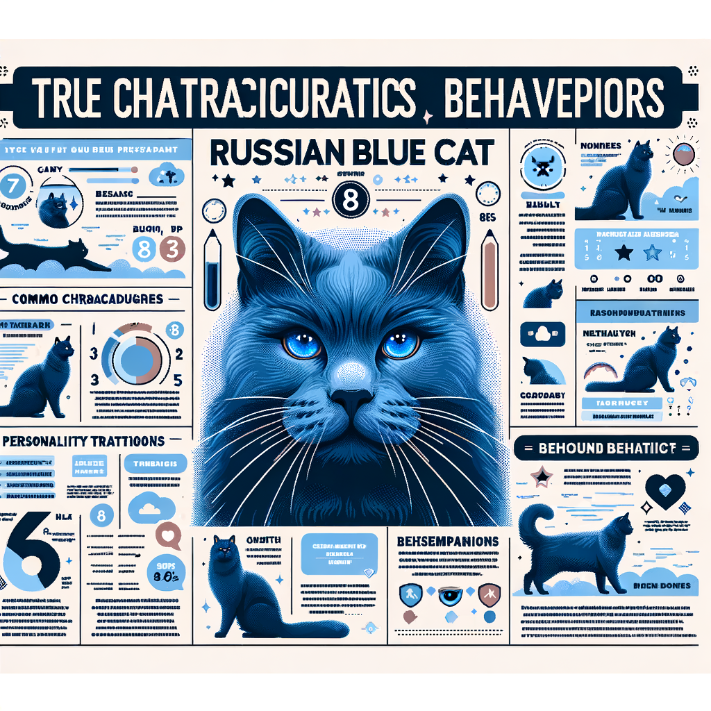 Infographic illustrating Russian Blue Cat behavior and personality, debunking myths and misconceptions about the breed, and providing facts about Russian Blue Cat temperaments and breed information.
